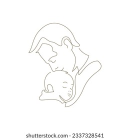 Young father kissing hugging little baby boy son contour silhouette continuous line art logo vector illustration. Happy family daddy and kid child with love tenderness and best feelings minimal icon