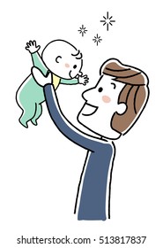 A young father lifting a baby