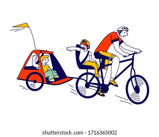 Young Father and Little Children Characters Riding Bicycle with Trailer. Elder Boy Sitting on Trunk. Happy Family Spare Time Walking in Park and Sport Recreation. Linear People Vector Illustration