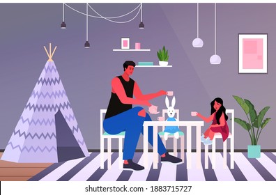 young father and little daughter playing tea party with toy cups parenting fatherhood concept dad spending time with his kid at home full length horizontal vector illustration