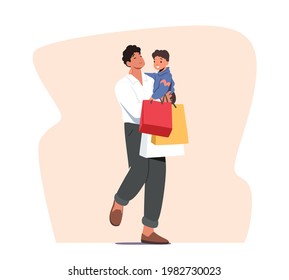 Young Father with Little Son on Hands Holding Colorful Paper Bags. Family Weekend Shopping, Purchase. Happy Dad with Child Spare Time Duties and Chores, Parenthood Concept. Cartoon Vector Illustration