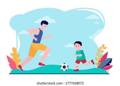 Young father and little son playing football. Ball, boy, kid flat vector illustration. Sport game and activity concept for banner, website design or landing web page