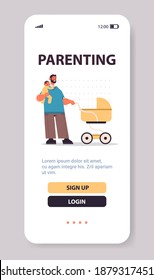 young father with little son pushing baby stroller fatherhood parenting concept dad spending time with his kid smartphone screen vertical full length copy space vector illustration