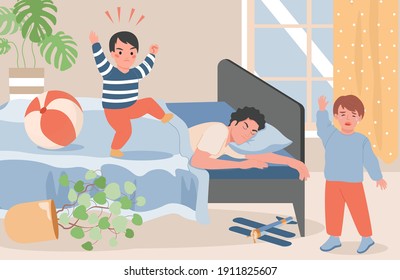 Young father lying in bed and trying to feel asleep, while his two little naughty sons crying and getting angry vector flat illustration. Parenting and fatherhood concept. Bedroom or interior design.