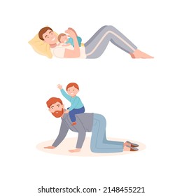 Young Father Lying with His Baby on Pillow and Playing Horse Vector Illustration Set