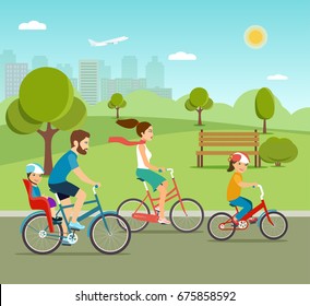 Young Father, mother, daughter and son ride the bike in the park. Active family riding on bicycles in the park. Flat vector illustration