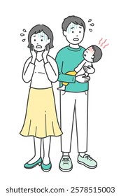 A young father and mother panicking as they hold a child with a sudden fever