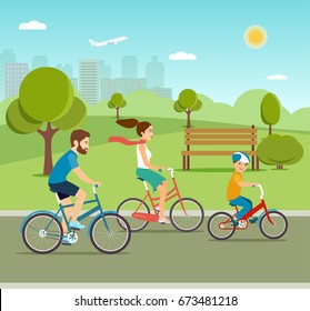 Young Father Mother And  Son Ride The Bike In The Park. Active Family  Riding On Bicycles In The Park. Flat Vector Illustration