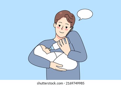 Young Father Multitasking Feeding Newborn Kid Talking On Phone. Dad Taking Care Of Child And Speaking On Cellular. Parenthood Concept. Vector Illustration. 