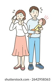 A young father in a panic holding his child who suddenly had a fever and a mother calling a medical institution