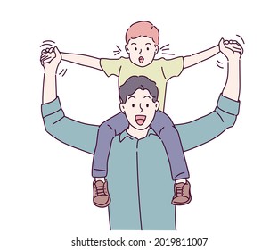Young father play with his little son. Family concept. Hand drawn in thin line style, vector illustrations.