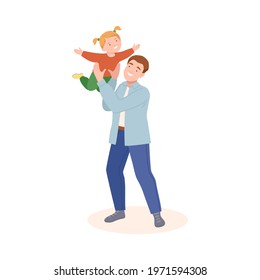 Young Father Playing with His Daughter Flying Her in the Air Vector Illustration