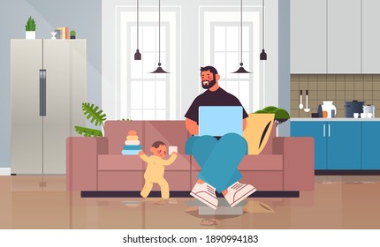 young father playing with little son and using laptop fatherhood parenting concept dad spending time with his kid at home living room interior full length horizontal vector illustration
