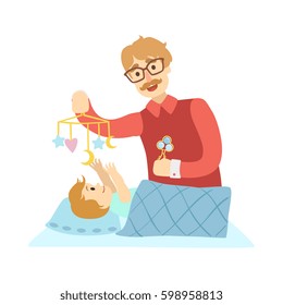 Young Father Putting Baby To Sleep In Bed, Illustration From Happy Loving Families Series