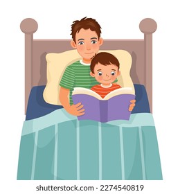 Young father reading bedtime story book to his son in the bed