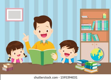 Young father reading a book to children. The son and daughter listened to the father, reading the book intently.