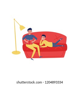 Young father reading book to his son. Man and boy at home on sofa. Happy parent and child. Flat vector design
