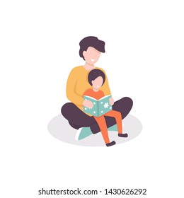 Young father reads a book with his child, teaches to read his son. Flat vector illustration.