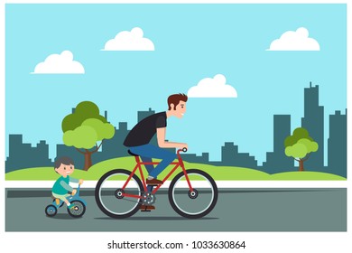 young father riding a bicycle with a child in the park, vector illustrations