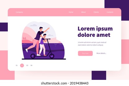 Young father riding on electric scooter with son. Family, landscape, park flat vector illustration. Activity and summer vacation concept for banner, website design or landing web page