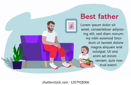 Young father sitting on a sofa and smiling to his son. Happy family, father's day concept. Flat style isolated vector illustration with template text.