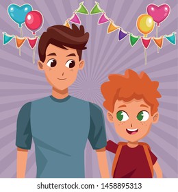 Young father and son celebrating birthday with pennants and balloons vector illustration graphic design