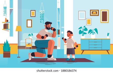 young father and son doing physical exercises with dumbbells parenting fatherhood concept dad spending time with his kid living room interior full length horizontal vector illustration