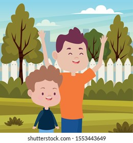 young father with son in the field vector illustration design
