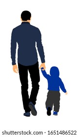 Young father and son holding hands walking on the street vector illustration isolated on white. Parent time with son. Man and boy in walk. Fathers day. Happy family closeness in public. I love my dad.