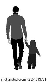 Young father and son holding hands walking on the street vector illustration isolated. Parents time with son. Man and boy in walk. Fathers day. Happy family closeness in public. I love my dad.