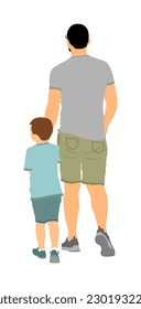 Young father and son holding hands walking on the street vector illustration isolated on white. Parent time with son. Man and boy in walk. Fathers day. Happy family closeness in public. I love my dad.