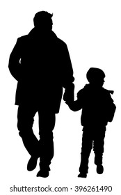 Young father and son holding hands walking on the street vector silhouette illustration. Parent spend time with son. Man and boy in walk. Fathers day. Happy family closeness in public. I love my dad.