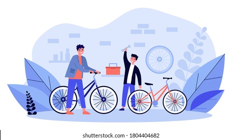 Young father and son repairing bicycles in garage. Wheel, bike, family flat vector illustration. Service and transport concept for banner, website design or landing web page