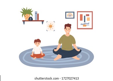 Young father and son sitting in yoga posture and meditate at cozy home. Sport and healthy lifestyle during quarantine. Yoga with kids, family time concept. Flat cartoon vector illustration.