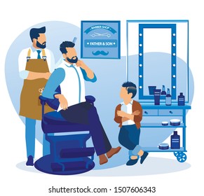 Young Father and Son Visiting Beauty Salon. Satisfied Dad Demonstrate New Hairstyle, Child Stand with Crossed Arms near Big Mirror with Cosmetics, Barber at Armchair Cartoon Flat Vector Illustration