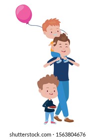 young father with sons and balloon helium vector illustration design