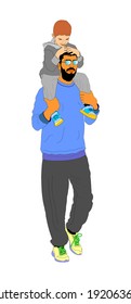 Young father spend time with his son vector. father carrying his son on his shoulders illustration. Young man and boy in walk. Fathers day..