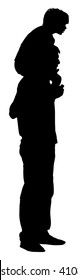 Young father spend time with his son vector. father carrying his son on his shoulders vector silhouette illustration. Young man and boy in walk. Fathers day.