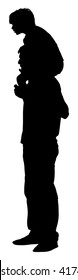 Young father spend time with his son vector. father carrying his son on his shoulders vector silhouette illustration. Young man and boy in walk. Fathers day.