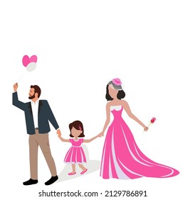 Young father in suit right hand holding a ball and left hand is holding the hand of cute girl with a young mother wearing a pink dress holding a rose.Vector isolate flat design concept for wedding day
