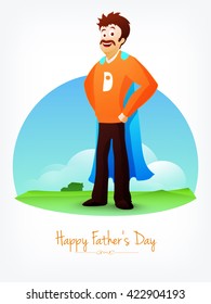 Young father in super man outfits on nature background for Happy Father's Day celebration.
