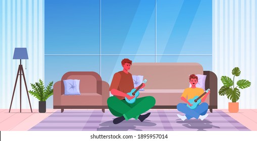 young father teaching little son to play guitar parenting fatherhood concept dad spending time with his kid living room interior full length horizontal vector illustration
