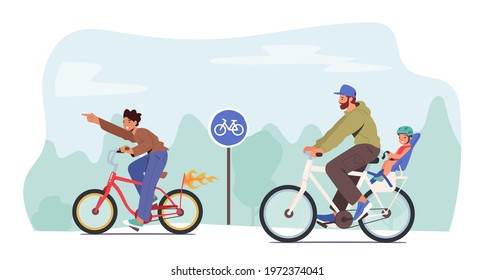 Young Father, Teenager Son and Little Child Characters Riding Bicycle, Baby Sitting on Dad Bicycle Trunk Seat. Happy Family Spare Time and Outdoor Sport Activity. Cartoon People Vector Illustration