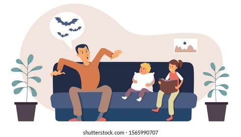 Young Father Tells A Scary Story To Children. Cartoon Character Design. Flat Vector Illustration Eps 10