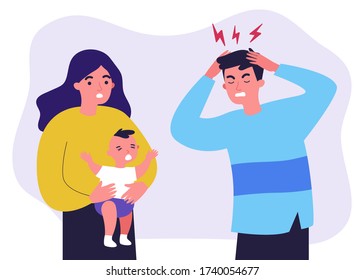 Young father tired of migraine because of crying baby. Mom holding child and dad touching head flat vector illustration. Depression and headache concept for banner, website design or landing web page