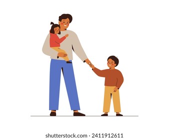 Padre joven con dos hijos. El hombre sostiene por una mano a su hija y por otra a su hijo. Concepto familiar con gente feliz para el Día del Padre. Ilustración del vector plano de dibujos animados