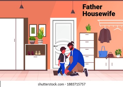 young father tying the laces on child boots parenting fatherhood concept dad spending time with his kid at home full length horizontal copy space vector illustration