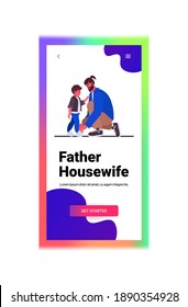 young father tying the laces on child boots parenting fatherhood concept dad spending time with his kid at home full length vertical copy space vector illustration
