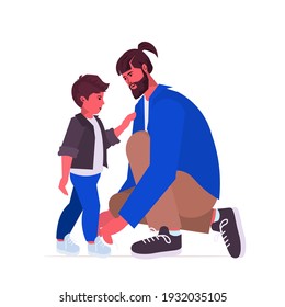 young father tying the laces on child boots parenting fatherhood concept dad spending time with his kid full length vector illustration