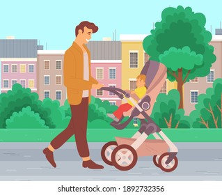 A Young Father Walking With Baby Stroller In The Park. Dad Spend Time With His Son Ourdoors. Male Character Pushing Baby Carriage In Open Area Against The Background Of Urban Buildings And Green Trees